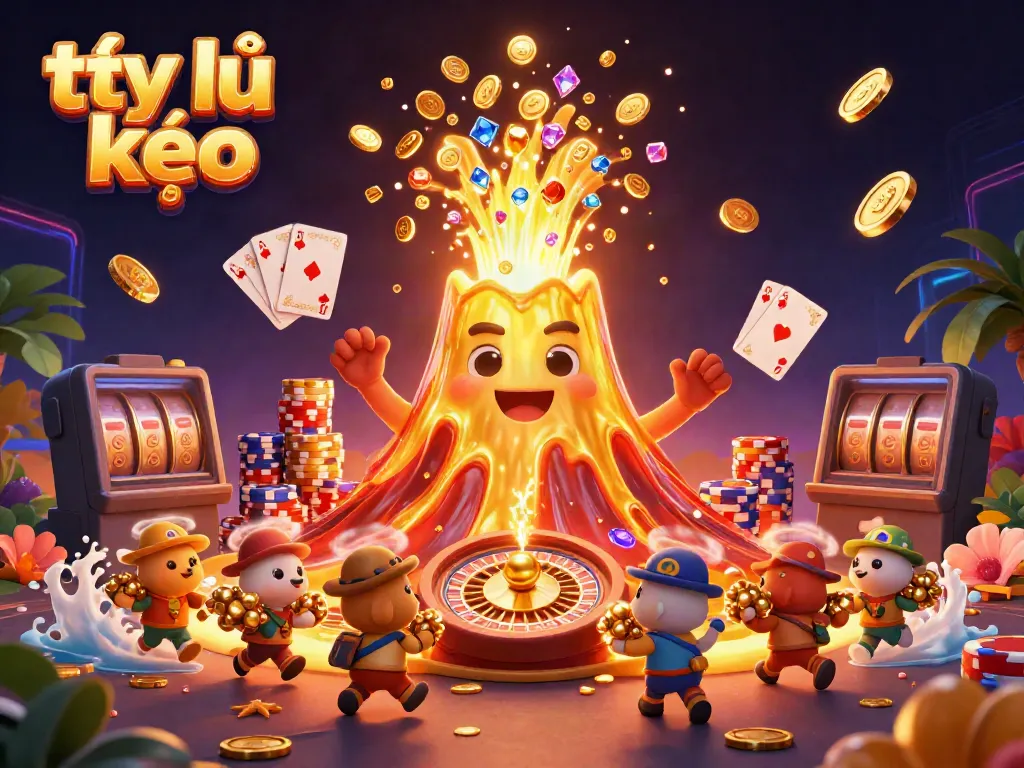 Experience the excitement of tỷ lệ kèo with a dynamic scene of a golden volcano erupting coins, treasures, and casino elements.