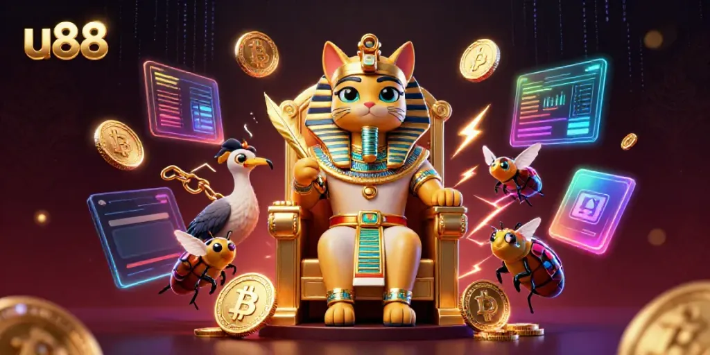 Engage with the vibrant u88 casino experience featuring a pharaoh cat, blockchain coins, and dynamic game elements.